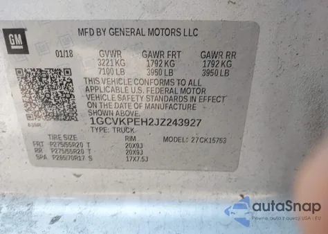 2018 Chevrolet Silverado 1500 Custom из США, поврежденный, VIN 1GCVKPEH2JZ243927